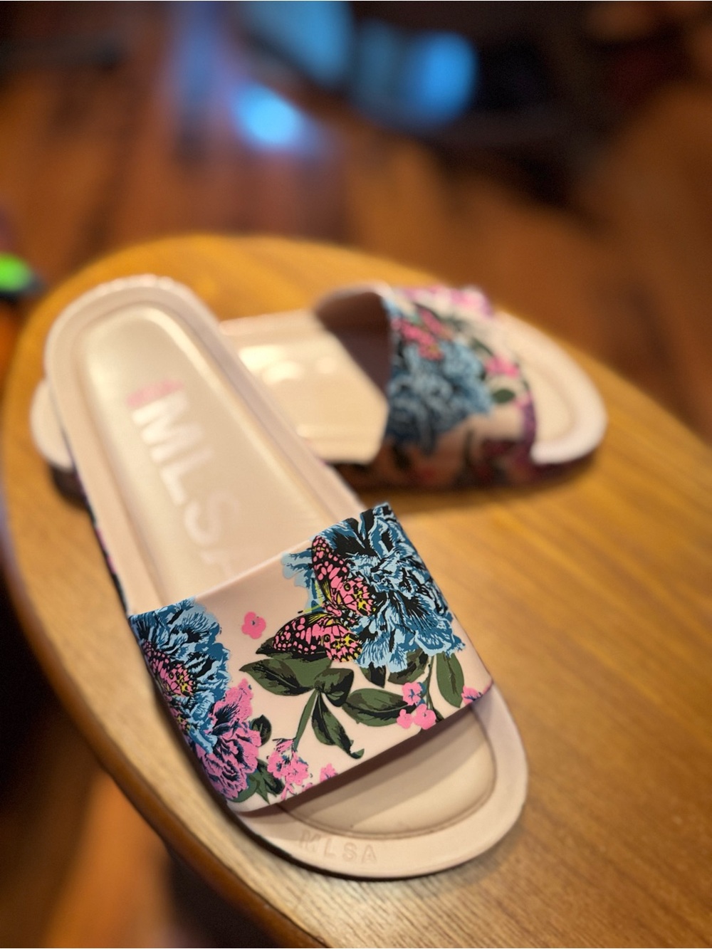 Melissa Pink Floral Slide Mules with Blue & Green Accents